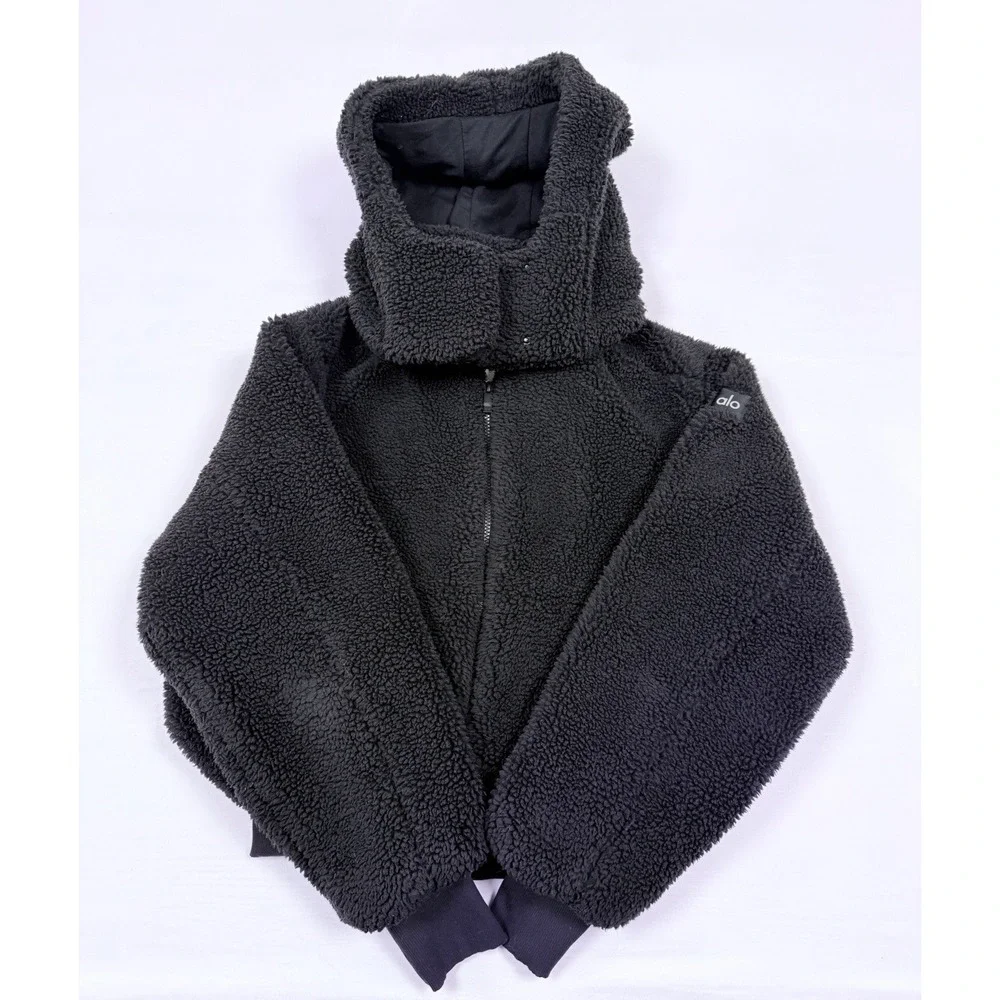 Alo Foxy Teddy Plush Sherpa Jacket Womens Medium Black Hooded Sportswear Workout - Picture 3 of 13